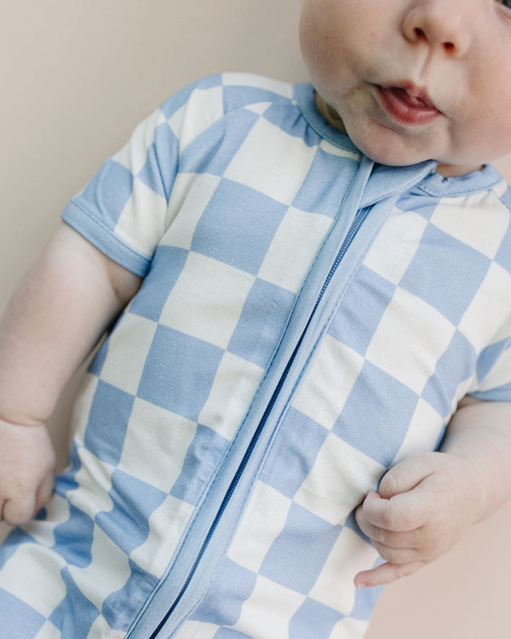 Bamboo Shorty Romper | Blue Checkered - Romper - LUCKY PANDA KIDS