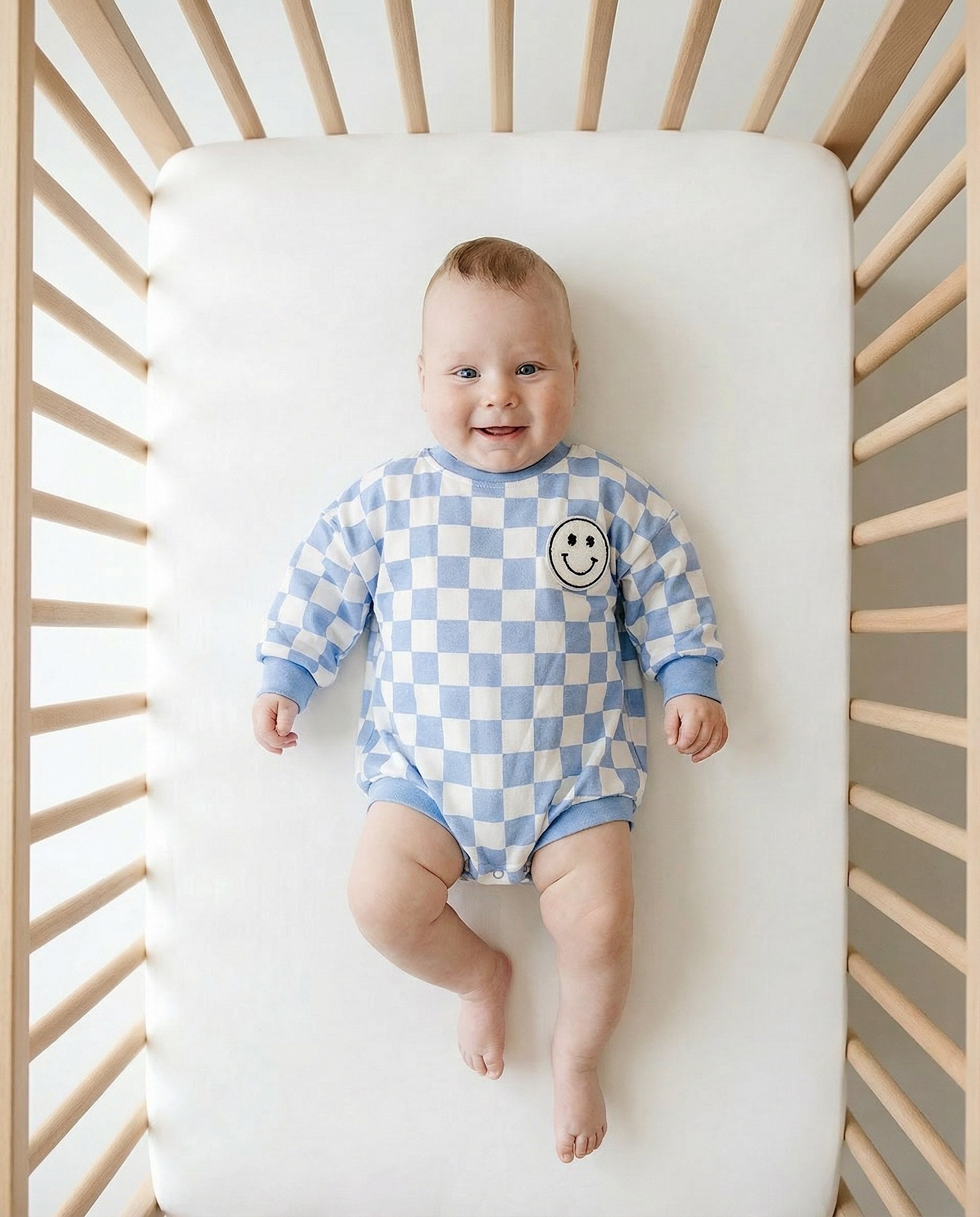 ワンピース DOLCE LICHE Checked Short Romper blue_long_sleeve_bubble_romper