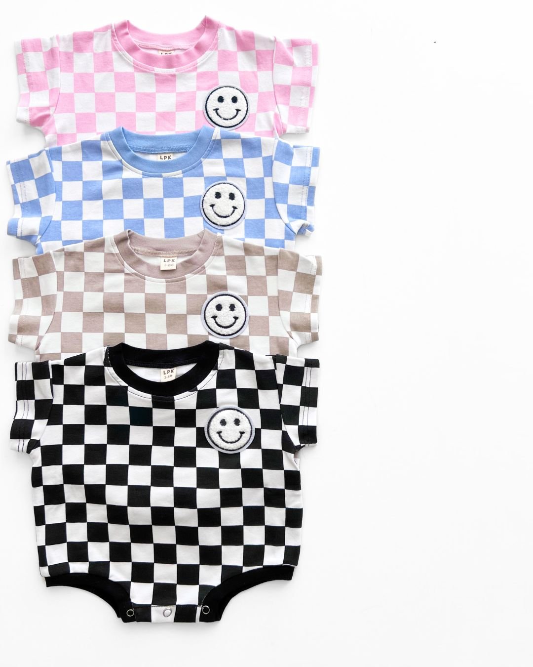 Short Sleeve Bubble Romper | Checkered Smiley Blue - LUCKY PANDA KIDS