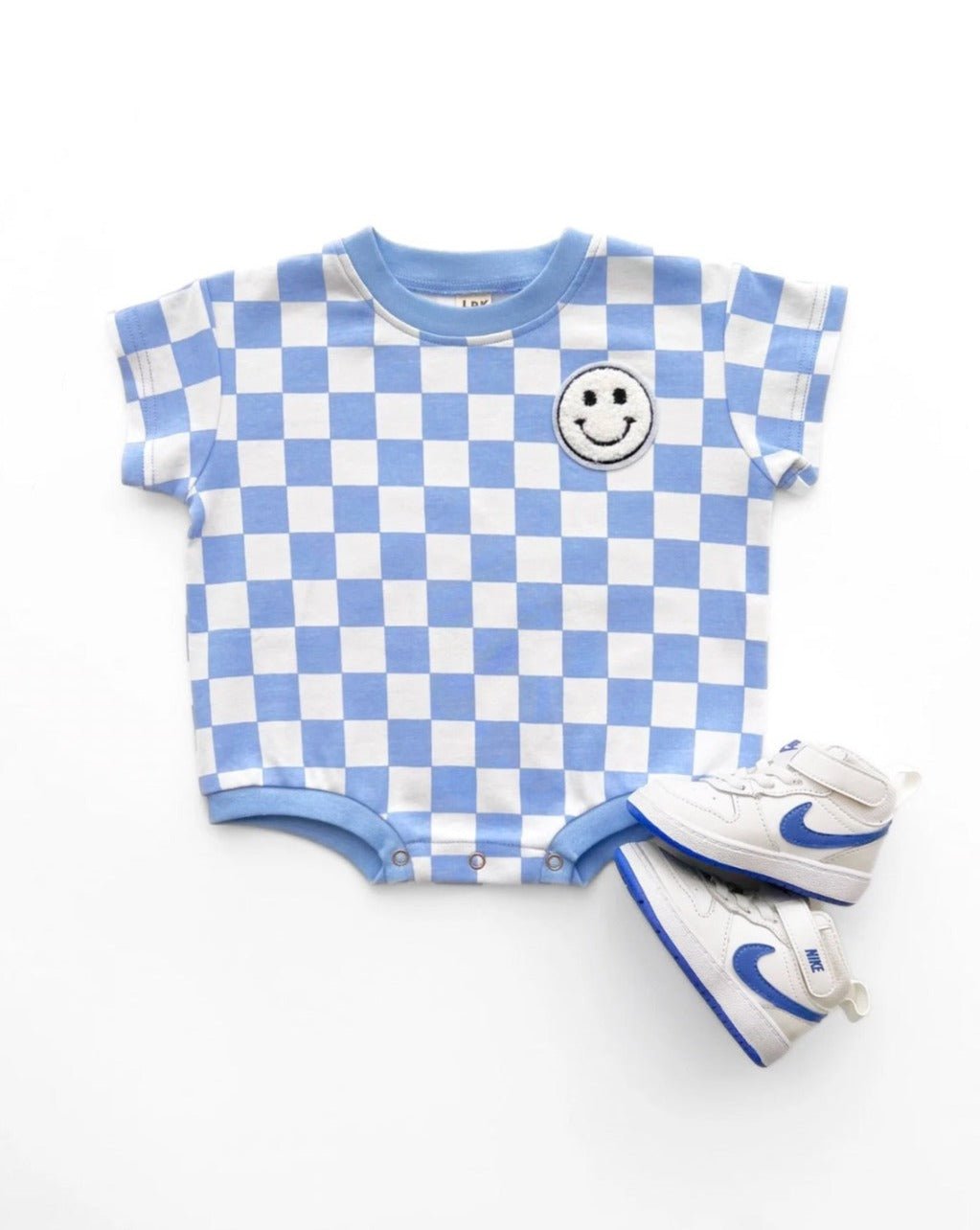 Short Sleeve Bubble Romper | Checkered Smiley Blue - LUCKY PANDA KIDS