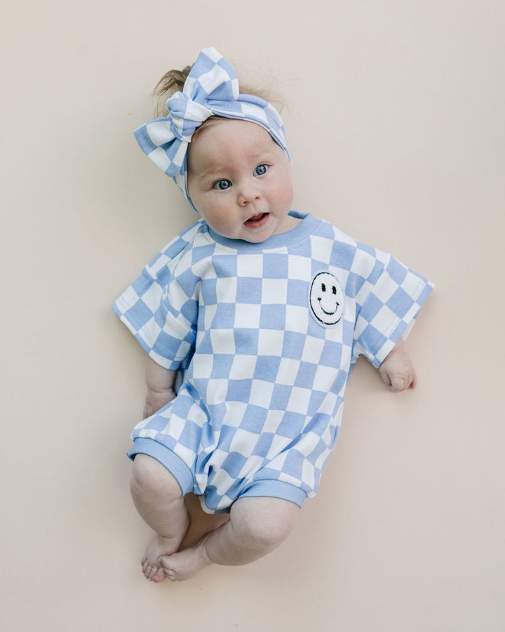 Short Sleeve Bubble Romper | Checkered Smiley Blue - LUCKY PANDA KIDS