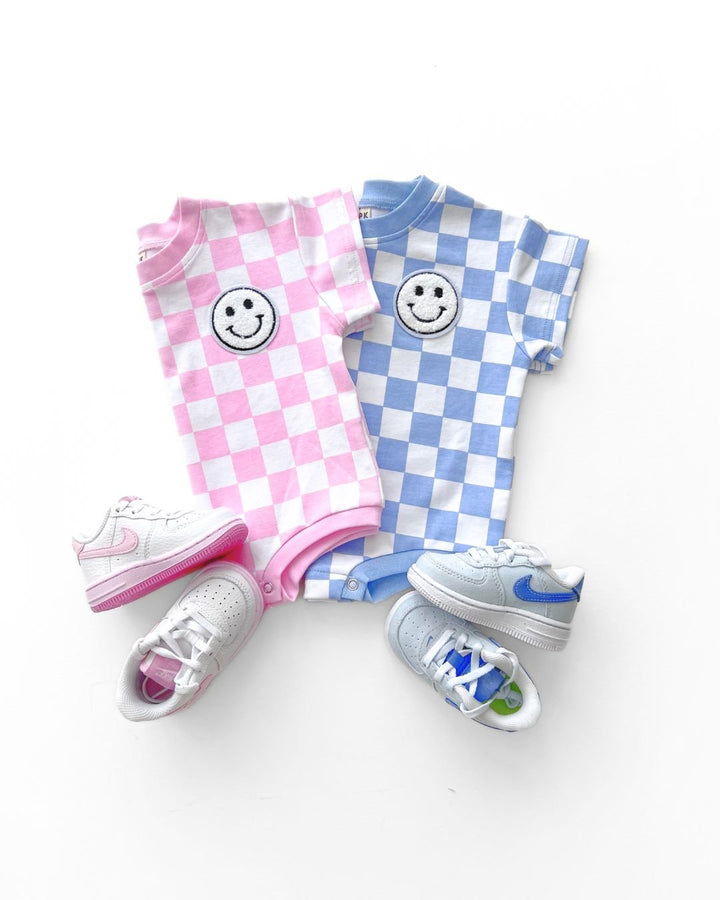 Short Sleeve Bubble Romper | Checkered Smiley Blue - LUCKY PANDA KIDS