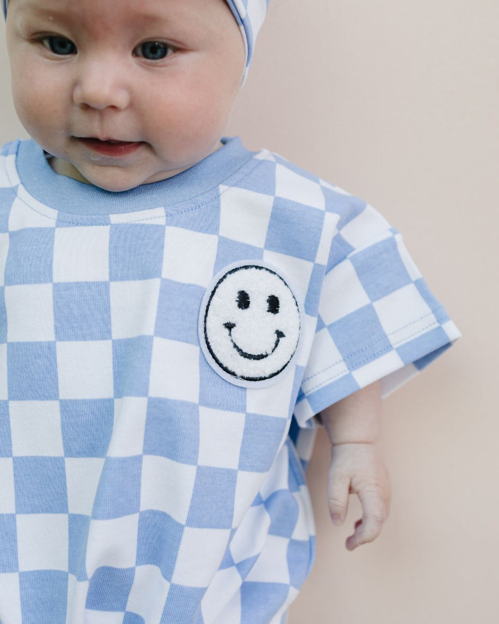 Short Sleeve Bubble Romper | Checkered Smiley Blue - LUCKY PANDA KIDS