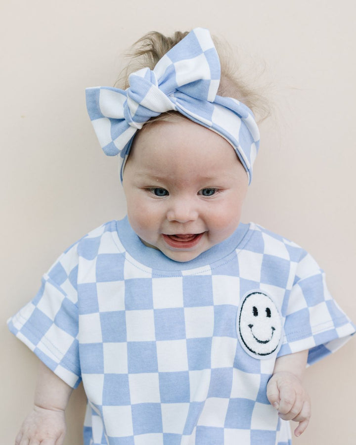 Short Sleeve Bubble Romper | Checkered Smiley Blue - LUCKY PANDA KIDS