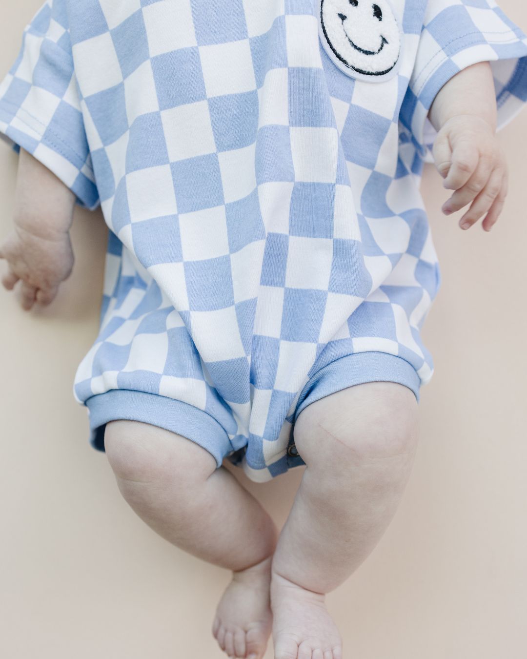 Short Sleeve Bubble Romper | Checkered Smiley Blue - LUCKY PANDA KIDS