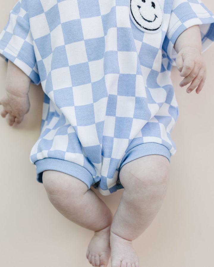 Short Sleeve Bubble Romper | Checkered Smiley Blue - LUCKY PANDA KIDS