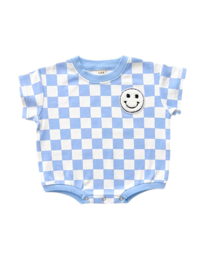 Short Sleeve Bubble Romper | Checkered Smiley Blue - LUCKY PANDA KIDS