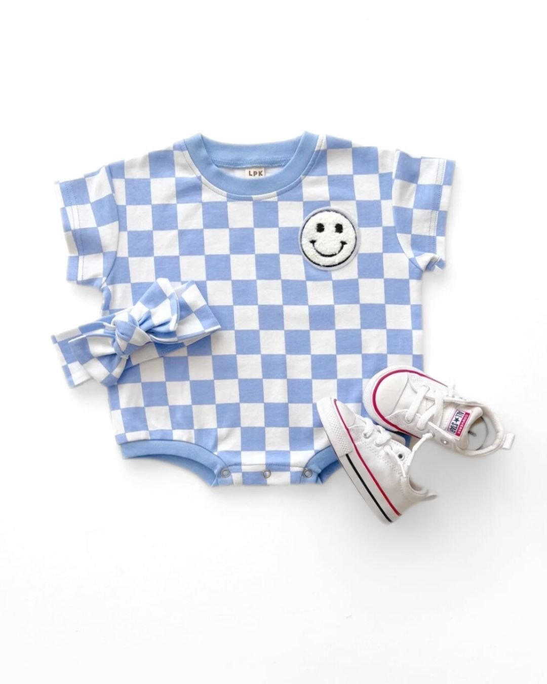 Short Sleeve Bubble Romper | Checkered Smiley Blue - LUCKY PANDA KIDS