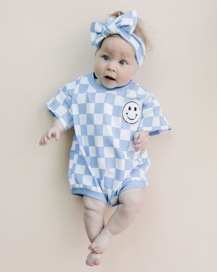 Short Sleeve Bubble Romper | Checkered Smiley Blue - LUCKY PANDA KIDS