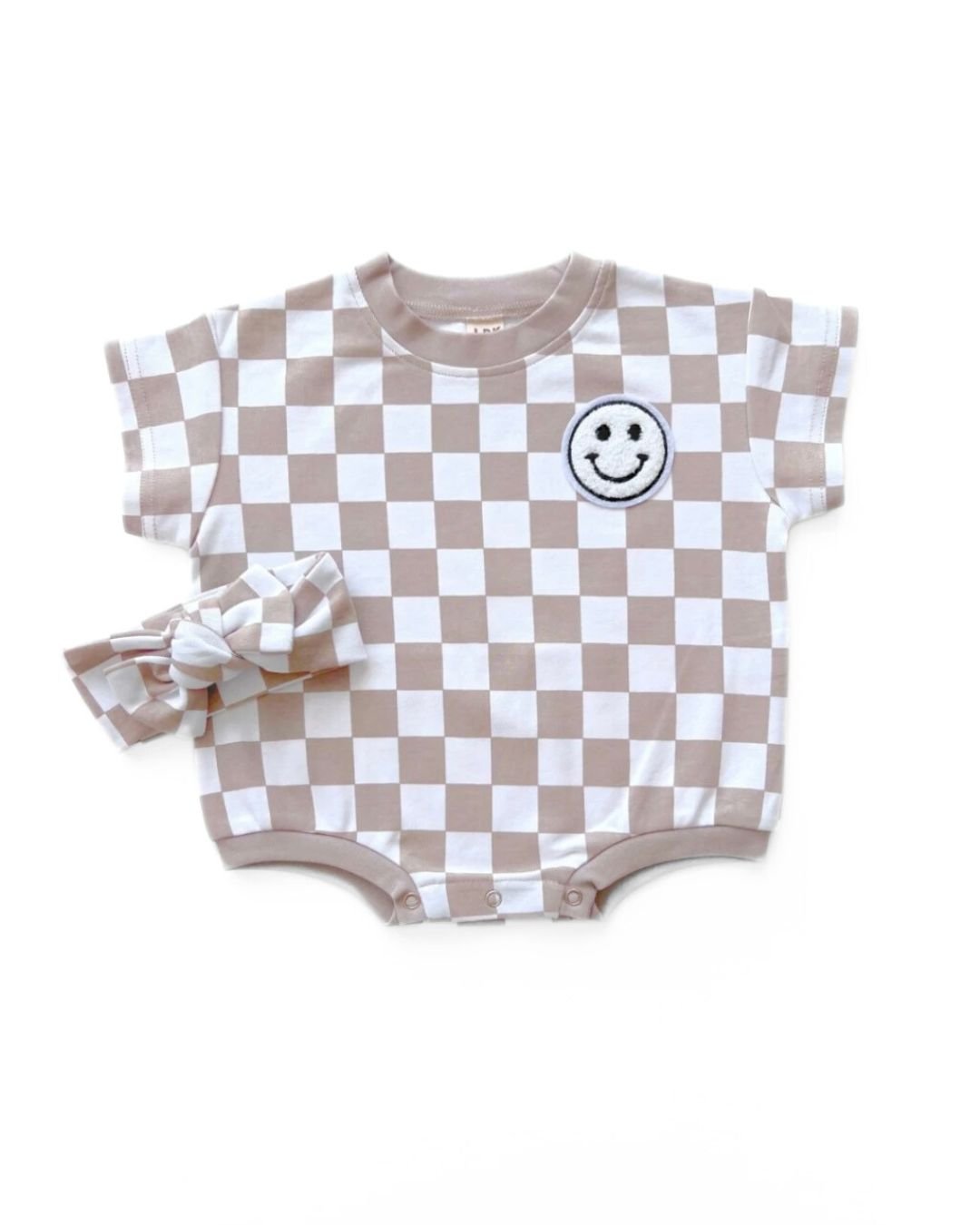 Short Sleeve Bubble Romper | Checkered Smiley Latte - LUCKY PANDA KIDS