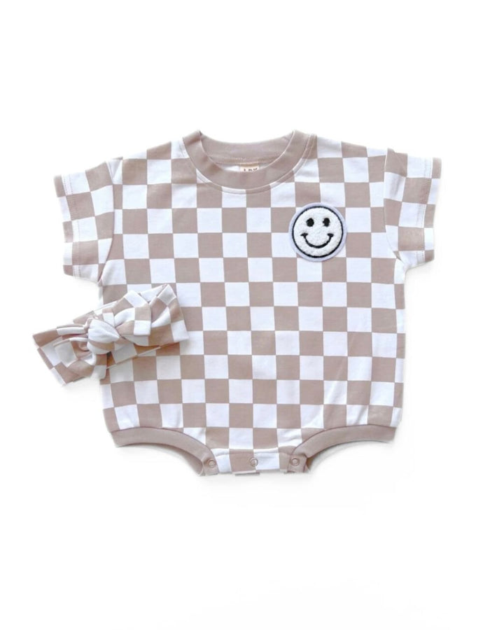 Short Sleeve Bubble Romper | Checkered Smiley Latte - LUCKY PANDA KIDS