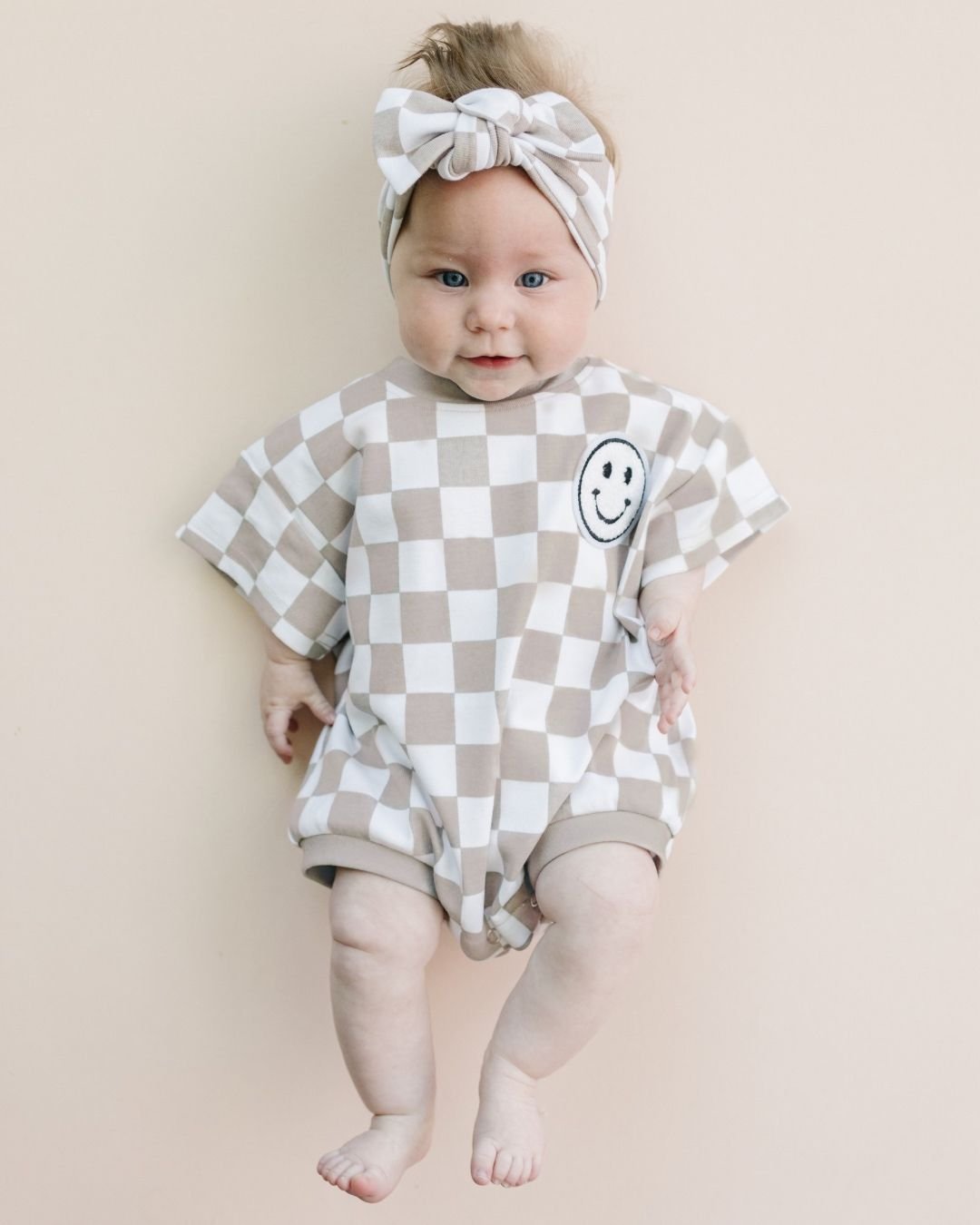 Short Sleeve Bubble Romper | Checkered Smiley Latte - LUCKY PANDA KIDS