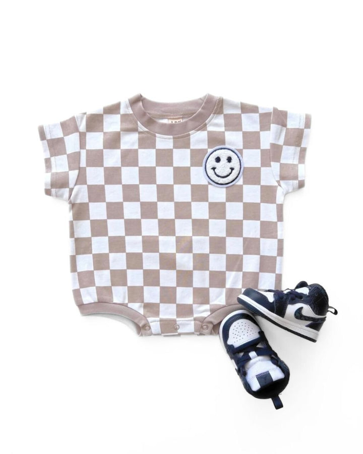 Short Sleeve Bubble Romper | Checkered Smiley Latte - LUCKY PANDA KIDS