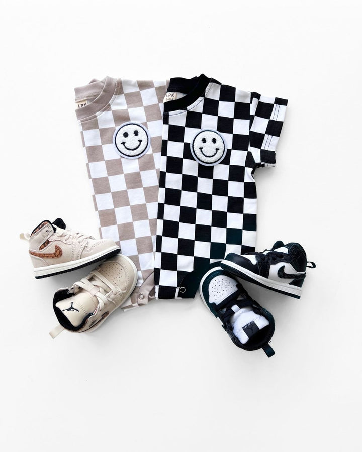 Short Sleeve Bubble Romper | Checkered Smiley Latte - LUCKY PANDA KIDS