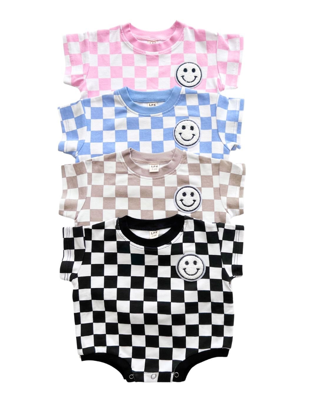 Short Sleeve Bubble Romper | Checkered Smiley Pink - LUCKY PANDA KIDS