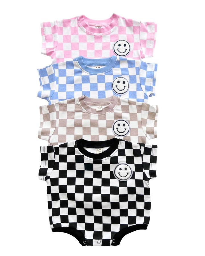 Short Sleeve Bubble Romper | Checkered Smiley Pink - LUCKY PANDA KIDS