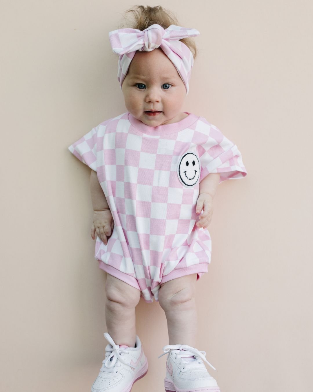 Short Sleeve Bubble Romper | Checkered Smiley Pink - LUCKY PANDA KIDS