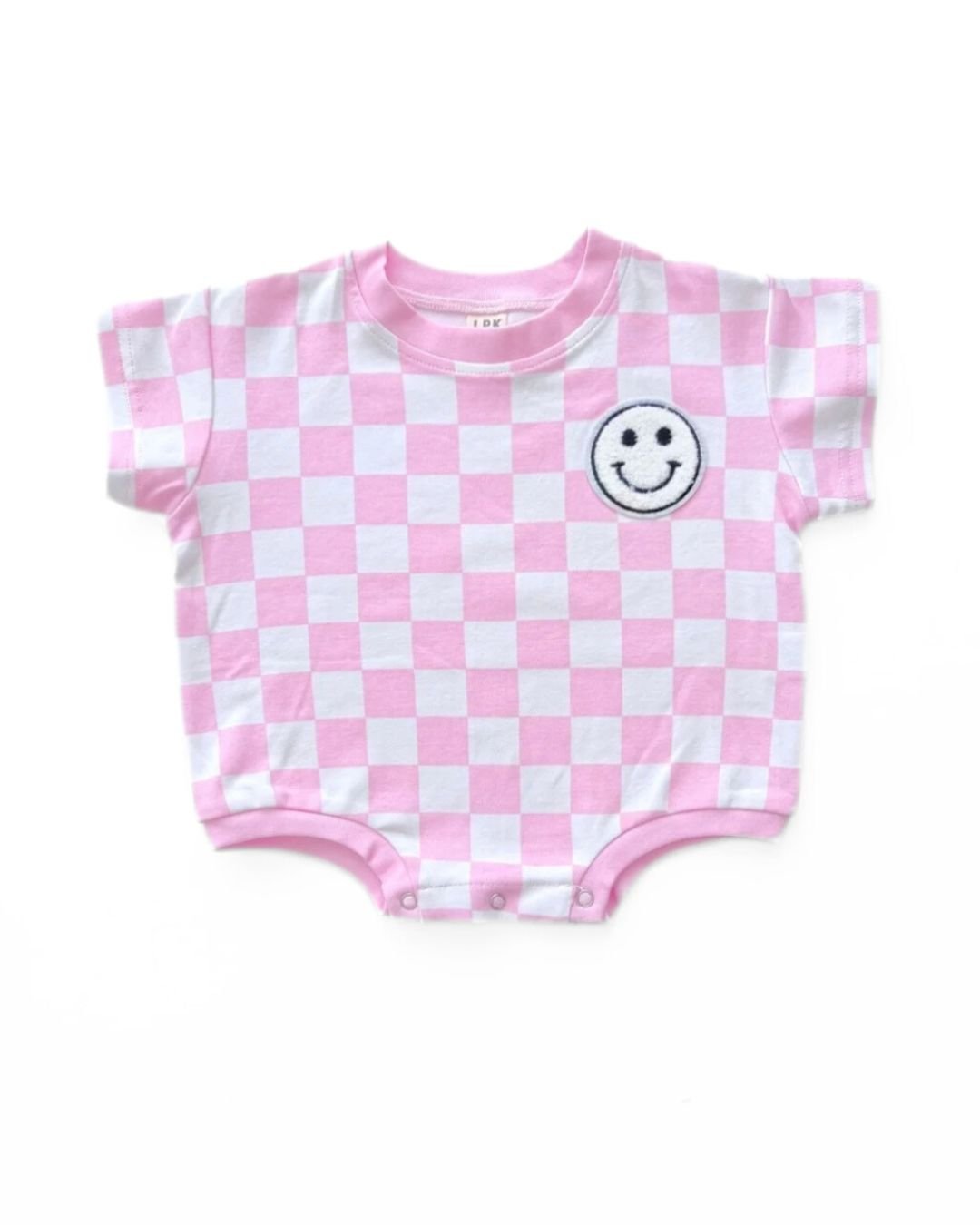 Short Sleeve Bubble Romper | Checkered Smiley Pink - LUCKY PANDA KIDS