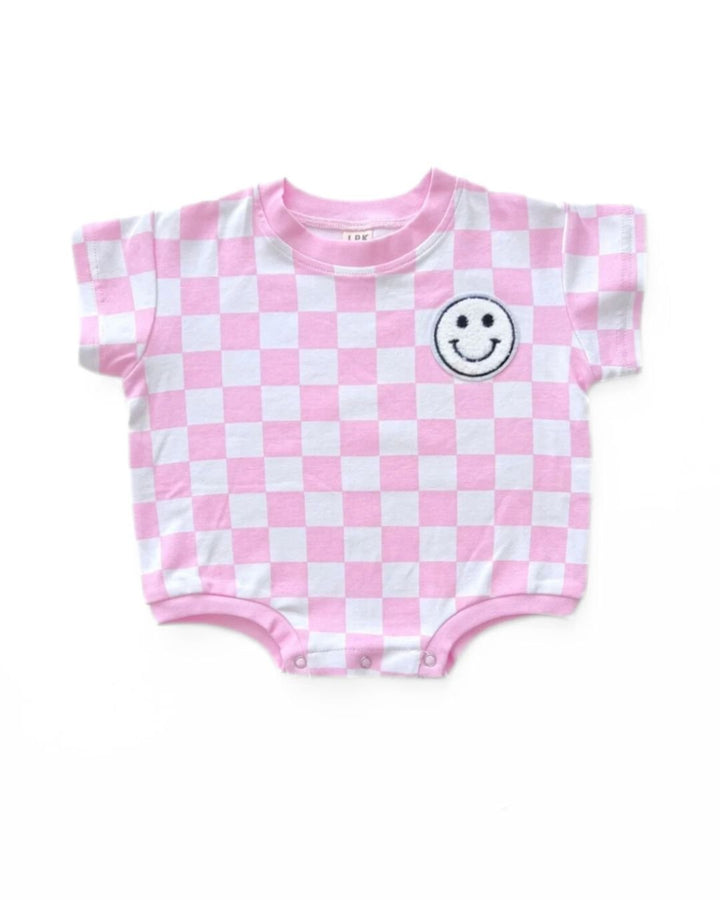 Short Sleeve Bubble Romper | Checkered Smiley Pink - LUCKY PANDA KIDS