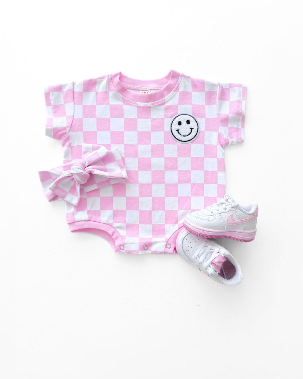 Short Sleeve Bubble Romper | Checkered Smiley Pink - LUCKY PANDA KIDS