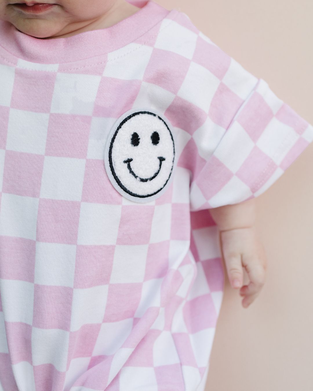 Short Sleeve Bubble Romper | Checkered Smiley Pink - LUCKY PANDA KIDS