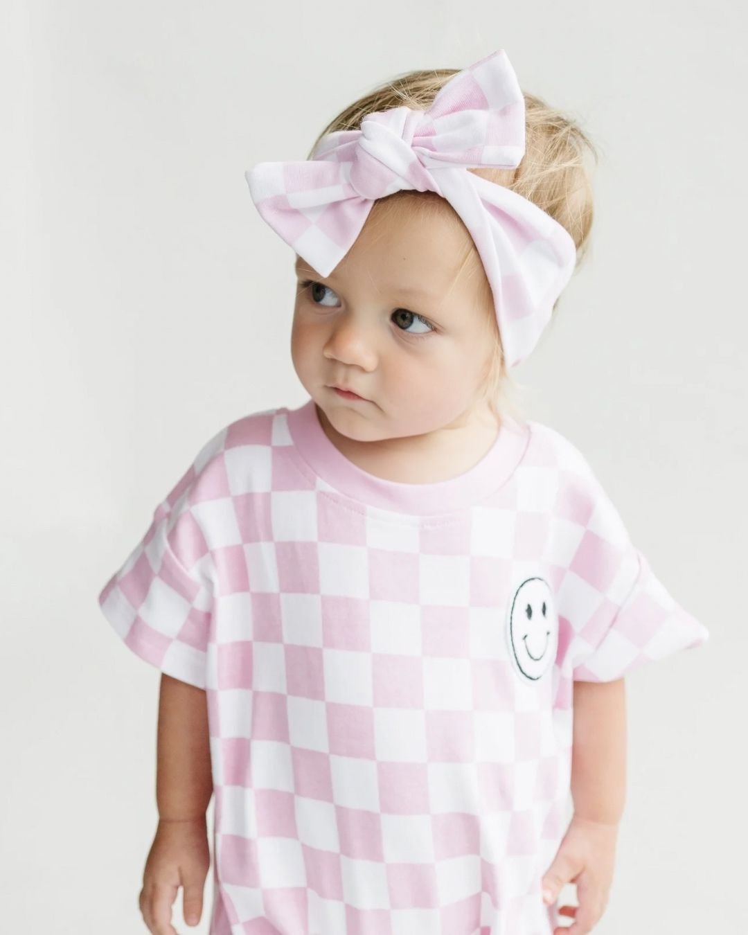 Short Sleeve Bubble Romper | Checkered Smiley Pink - LUCKY PANDA KIDS