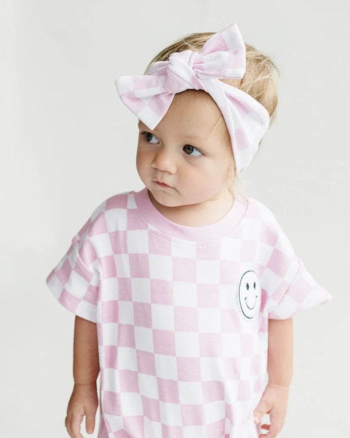 Short Sleeve Bubble Romper | Checkered Smiley Pink - LUCKY PANDA KIDS