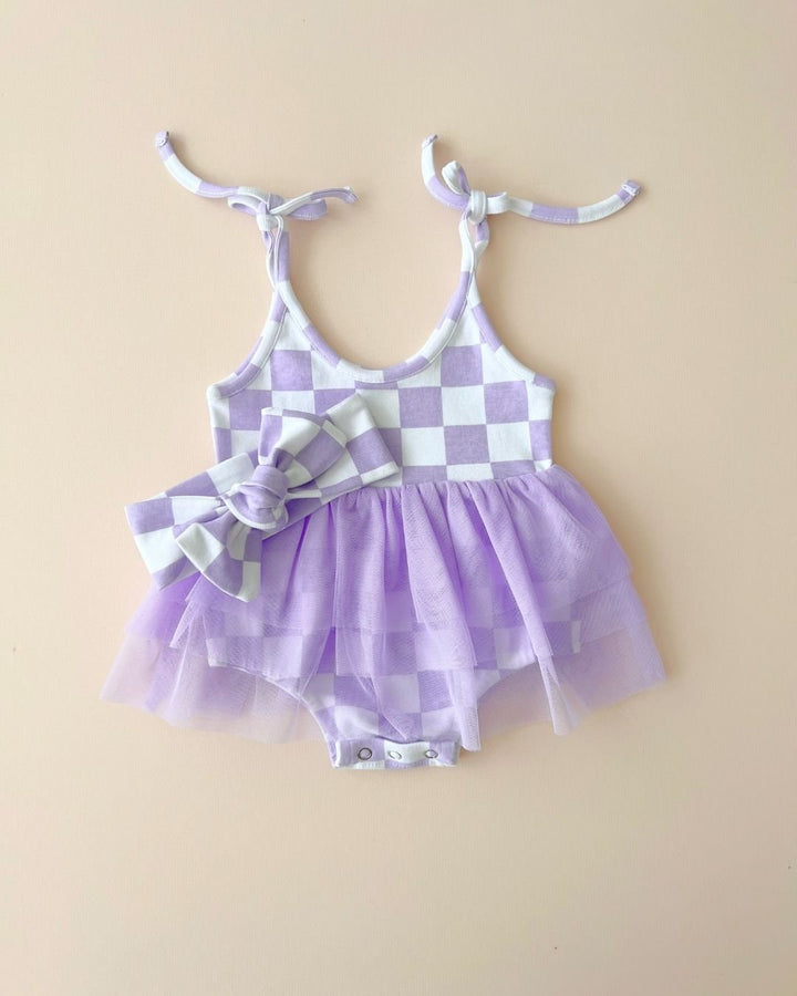 Tutu Romper | Checkered Lavender - Romper - LUCKY PANDA KIDS
