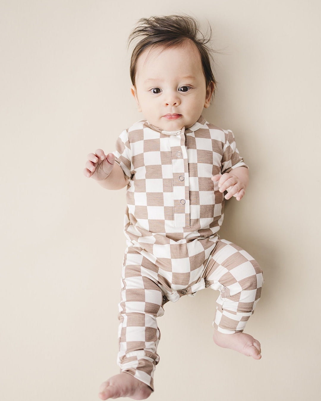 Bamboo Checkered Jumpsuit | Latte - LUCKY PANDA KIDS
