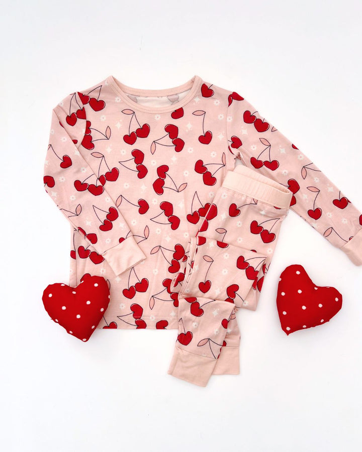 Bamboo Two Piece Set | Cherry Heart - Romper - LUCKY PANDA KIDS