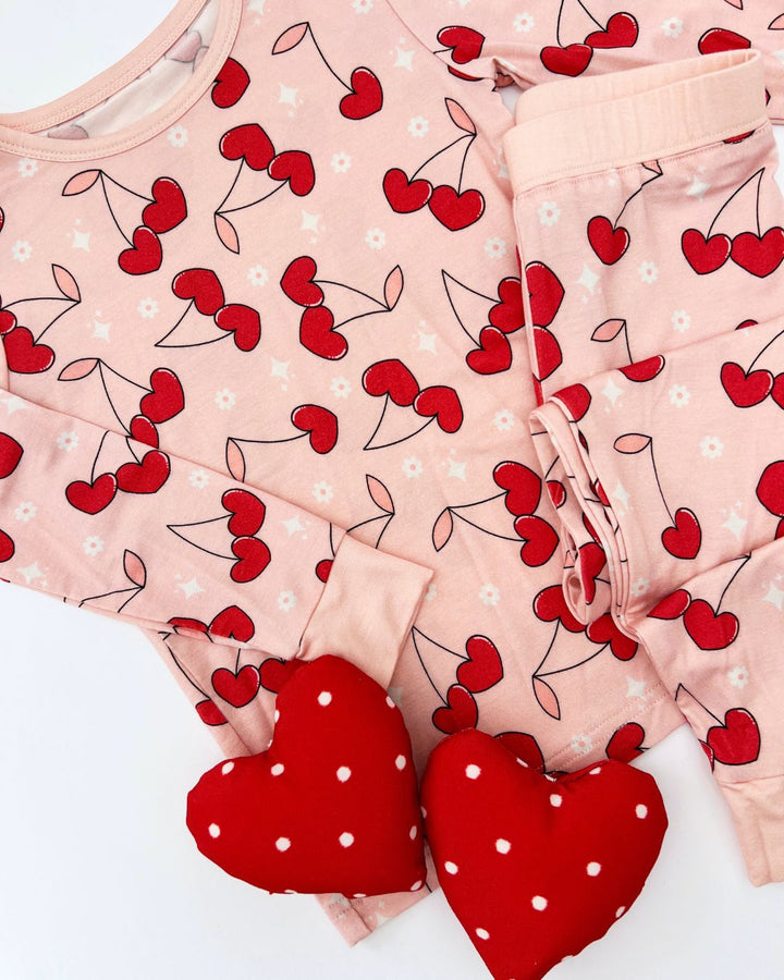 Bamboo Two Piece Set | Cherry Heart - Romper - LUCKY PANDA KIDS
