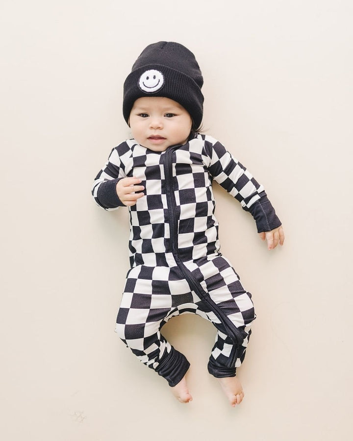 Bamboo Zip Romper | Black Checkered - Romper - LUCKY PANDA KIDS
