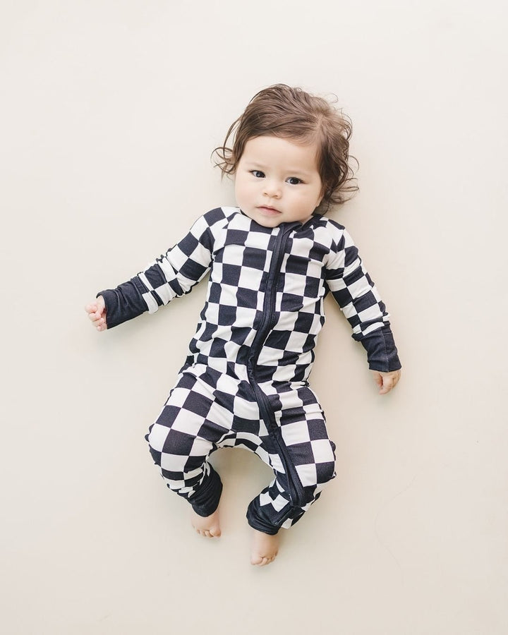 Bamboo Zip Romper | Black Checkered - Romper - LUCKY PANDA KIDS