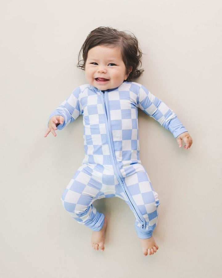 Bamboo Zip Romper | Blue Checkered - Romper - LUCKY PANDA KIDS