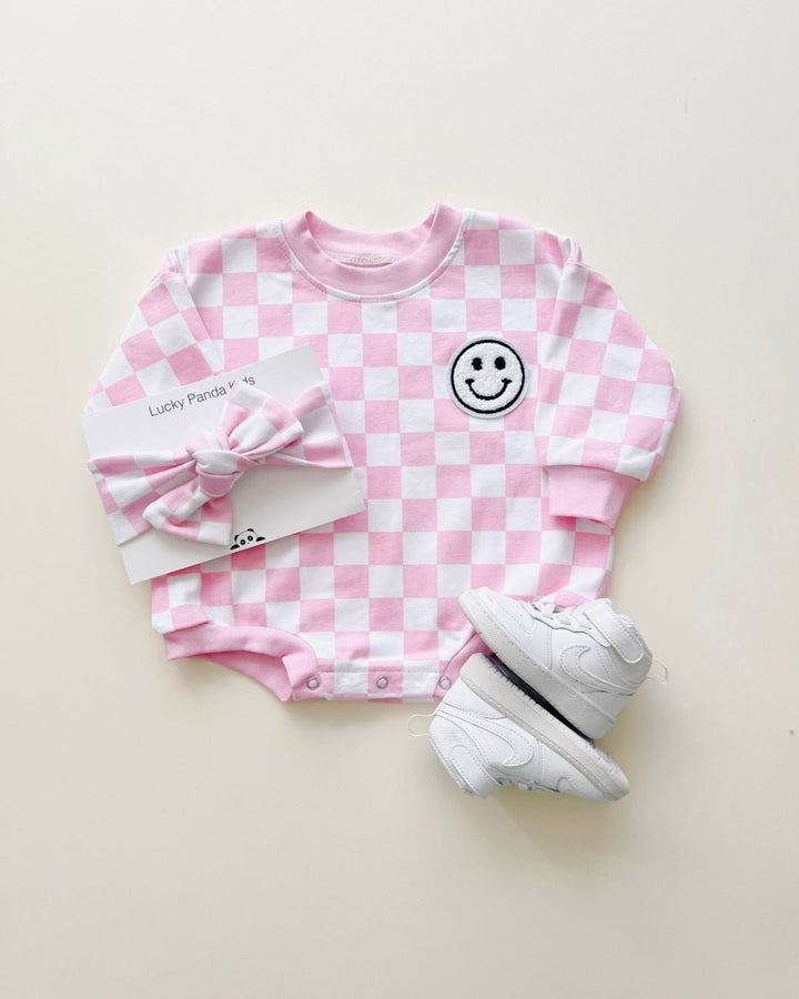 Bubble Romper | Checkered Smiley Pink - LUCKY PANDA KIDS