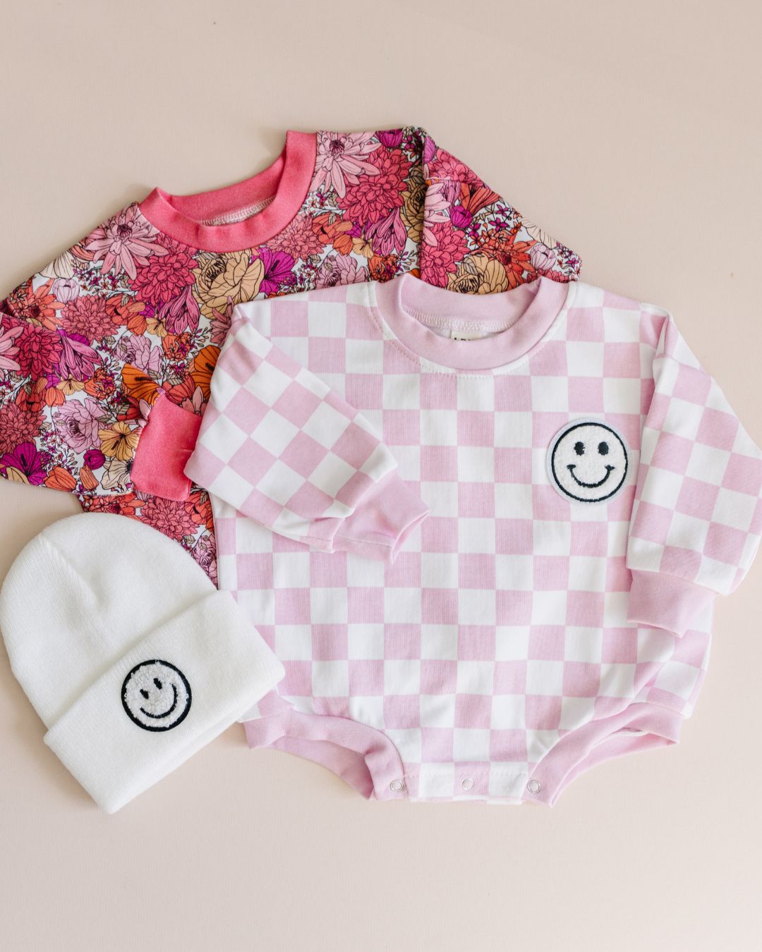 Bubble Romper | Checkered Smiley Pink - LUCKY PANDA KIDS