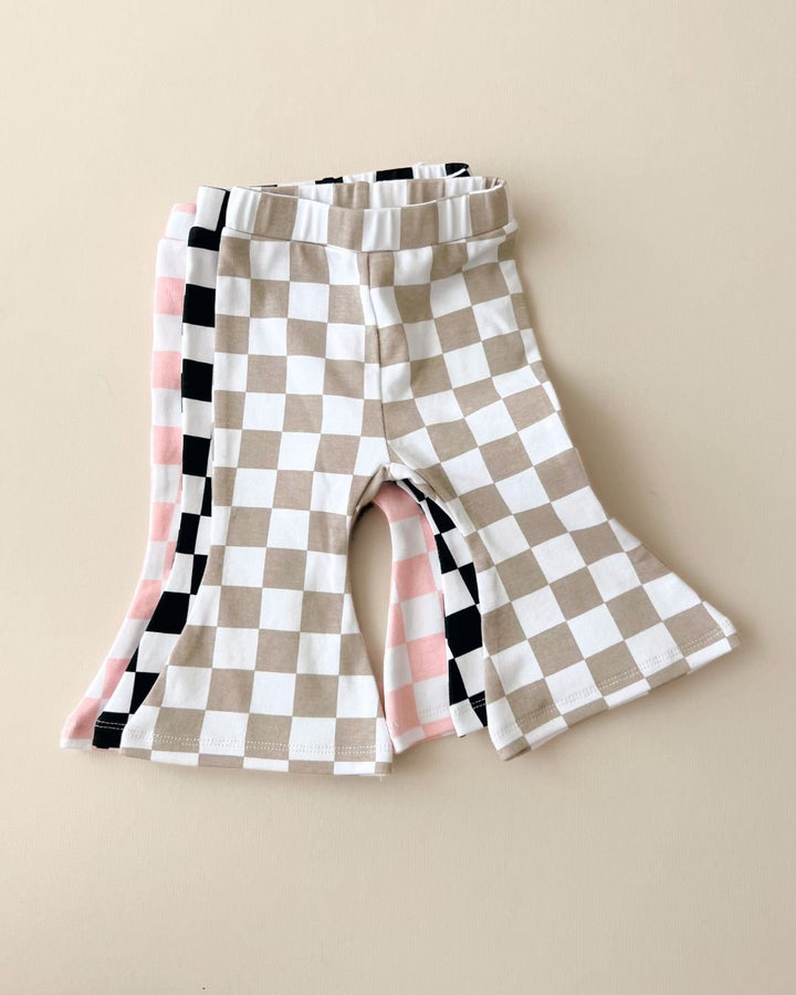 Checkered Flare Pants | Latte - Leggings - LUCKY PANDA KIDS