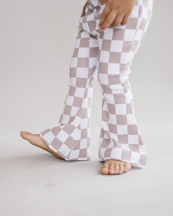 Checkered Flare Pants | Latte - Leggings - LUCKY PANDA KIDS