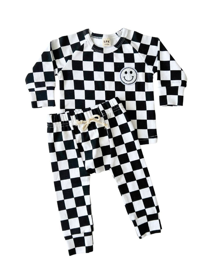 Checkered Smiley Lounge Set | Black - Lounge Set - LUCKY PANDA KIDS