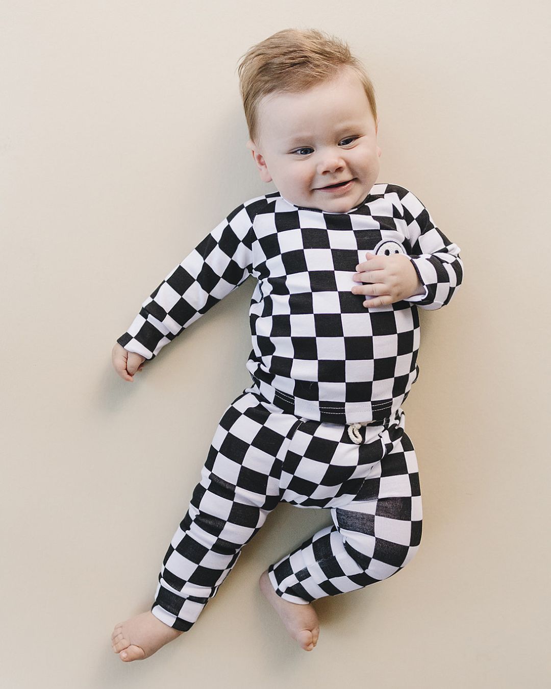 Checkered Smiley Lounge Set | Black - Lounge Set - LUCKY PANDA KIDS