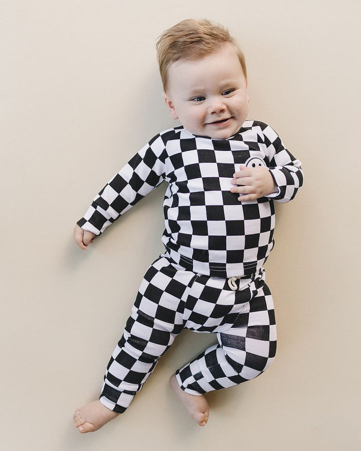 Checkered Smiley Lounge Set | Black - Lounge Set - LUCKY PANDA KIDS