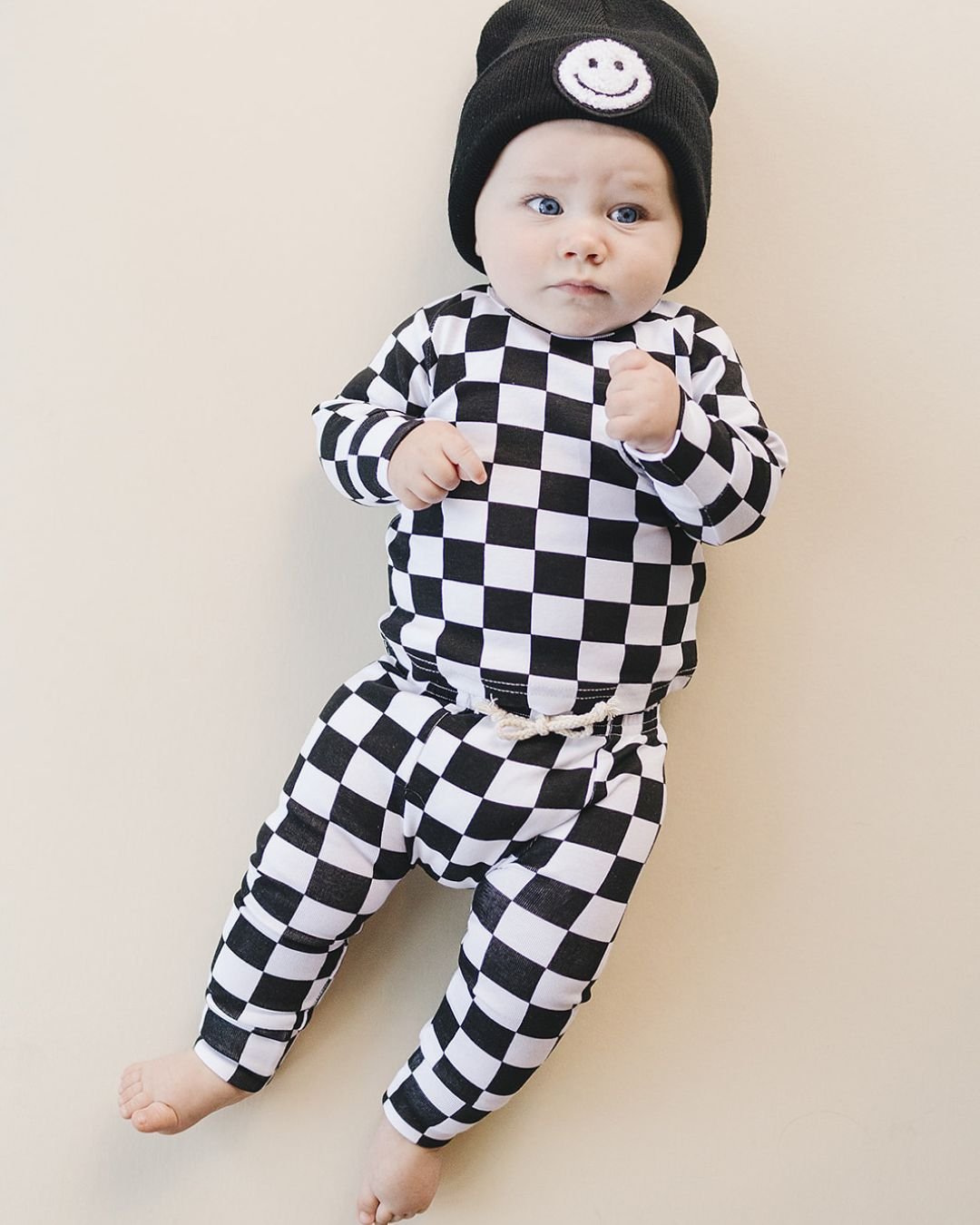 Checkered Smiley Lounge Set | Black - Lounge Set - LUCKY PANDA KIDS