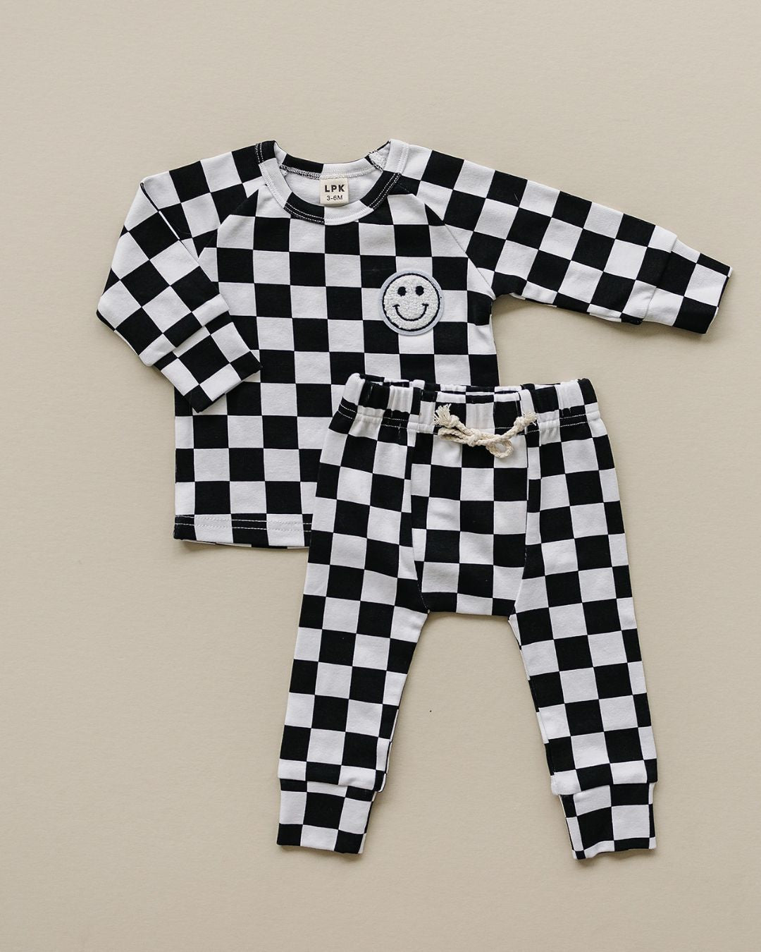 Checkered Smiley Lounge Set | Black - Lounge Set - LUCKY PANDA KIDS