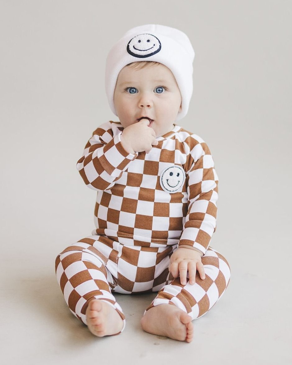 Checkered Smiley Lounge Set | Copper - Lounge Set - LUCKY PANDA KIDS