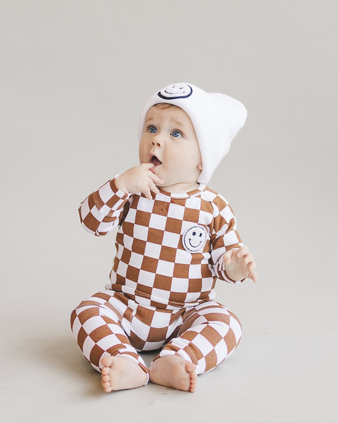 Checkered Smiley Lounge Set | Copper - Lounge Set - LUCKY PANDA KIDS