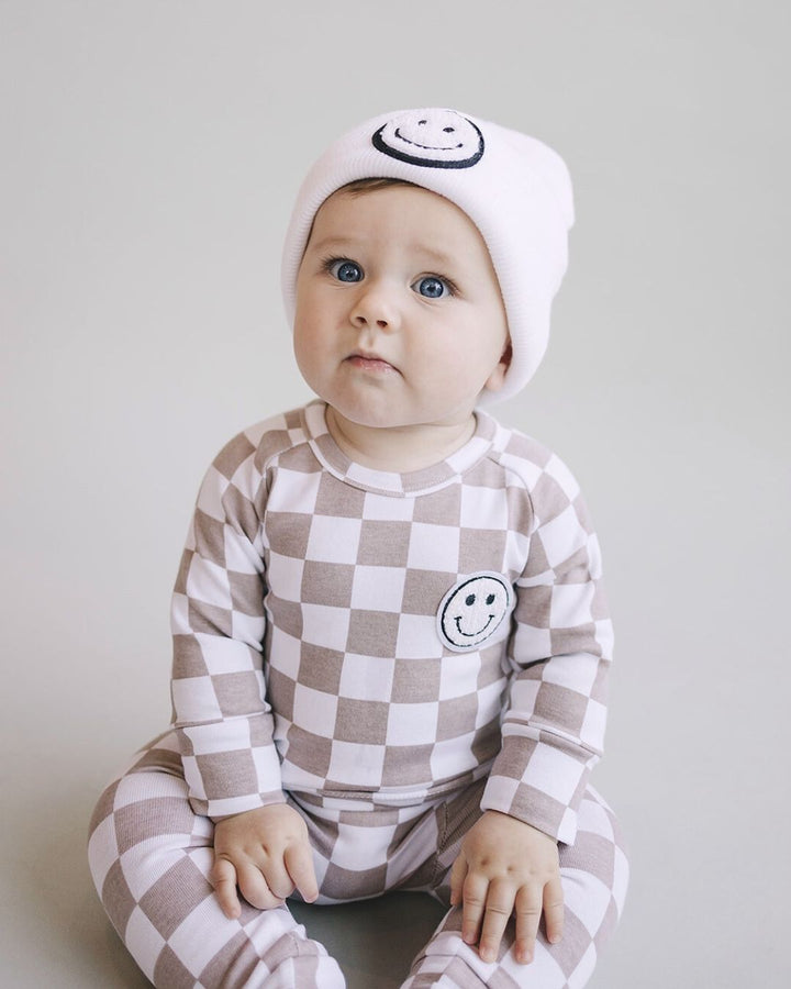 Checkered Smiley Lounge Set | Latte - Lounge Set - LUCKY PANDA KIDS