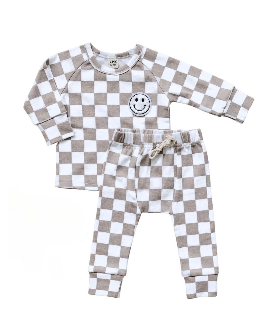 Checkered Smiley Lounge Set | Latte - Lounge Set - LUCKY PANDA KIDS