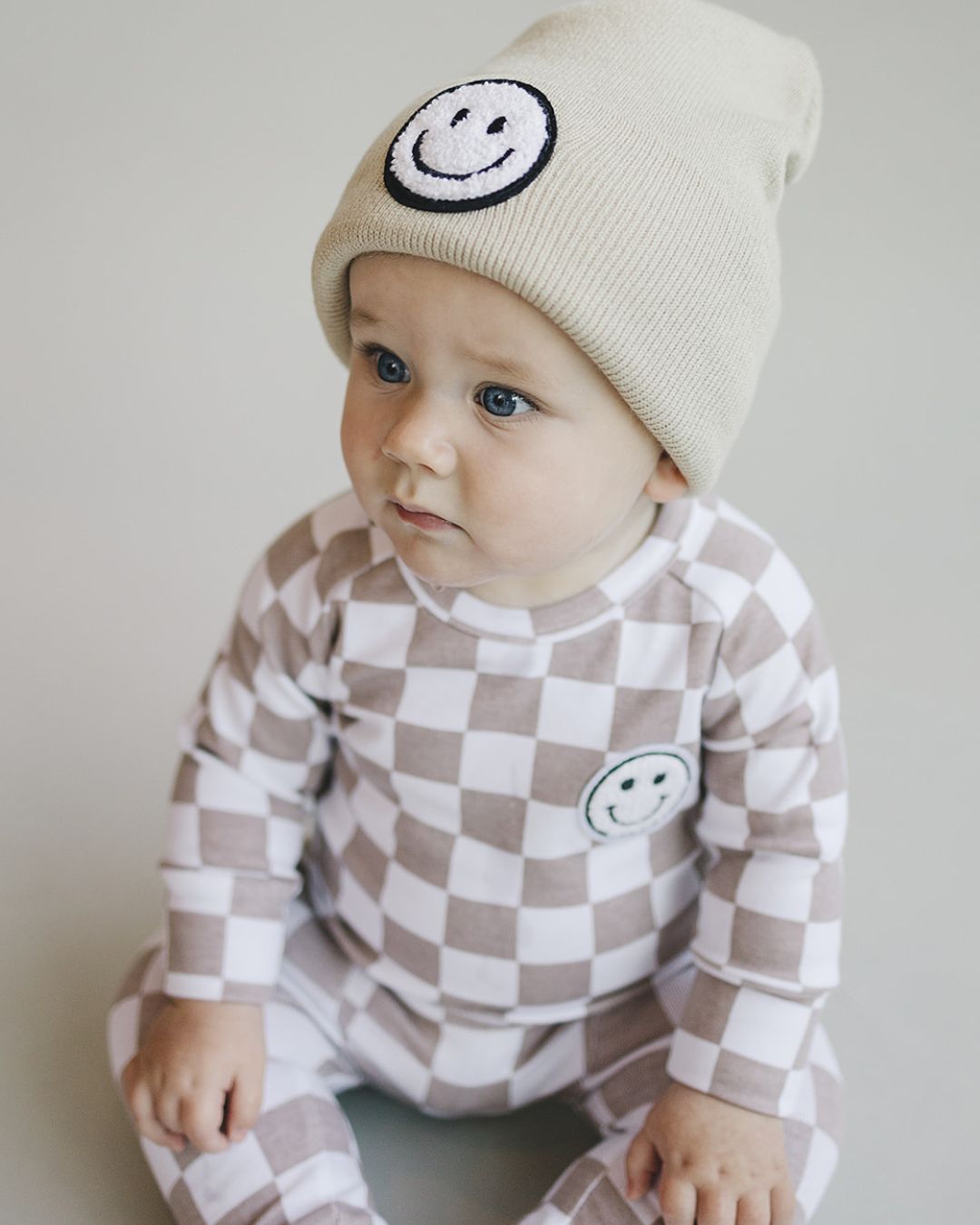 Checkered Smiley Lounge Set | Latte - Lounge Set - LUCKY PANDA KIDS