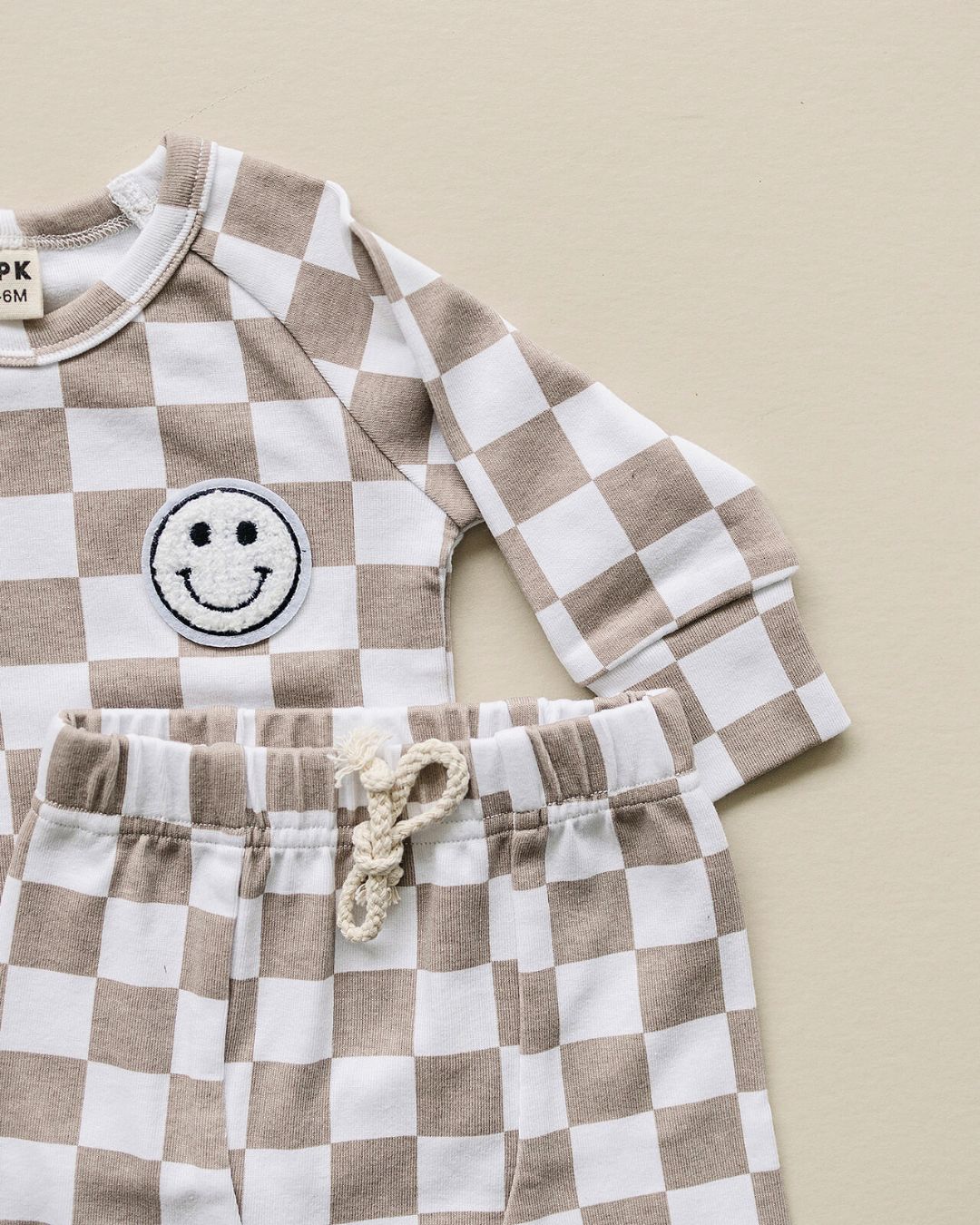 Checkered Smiley Lounge Set | Latte - Lounge Set - LUCKY PANDA KIDS