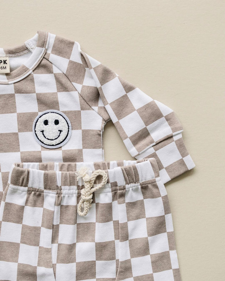 Checkered Smiley Lounge Set | Latte - Lounge Set - LUCKY PANDA KIDS